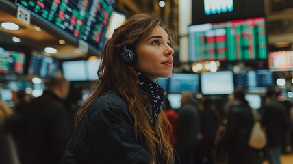 Woman on the Trading Floor: A young woman in headphones stands amidst the bustling energy of a stock exchange, her gaze fixed on the flickering screens.