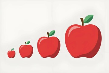 Red Apples with Green Leaves Arranged in a Line on a White Background