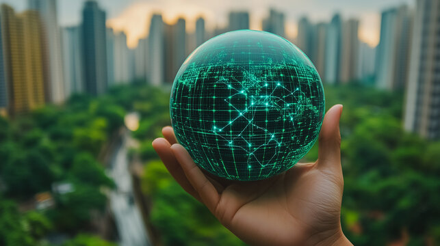 Global Connectivity: A hand holds a glowing green orb, symbolizing interconnectedness and the digital age, against a backdrop of a bustling cityscape. - Powered by Adobe
