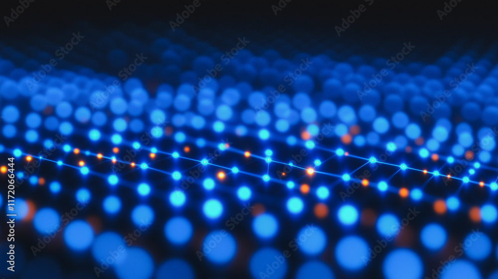 Poster abstract digital network: an intricate network of glowing blue and orange nodes, connected by delica