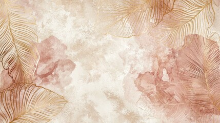 Elegant wallpaper with golden botanical line art layered on watercolor shapes in blush and beige 