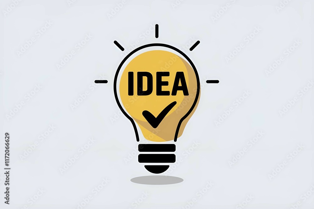 Poster light bulb icon with the word idea inside and rays around on a white background