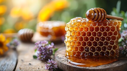 Honeycomb with honey dripping on wooden board, surrounded by flowers.