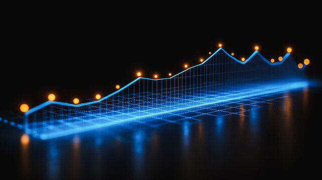 Ascending to Success: A mesmerizing, 3D rendering of a glowing blue line graph ascends upwards, symbolizing growth and progress. The graph is illuminated by warm orange lights. - Powered by Adobe