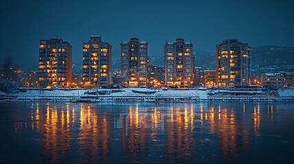 Naklejka premium Illuminated apartment buildings along a frozen river at twilight.