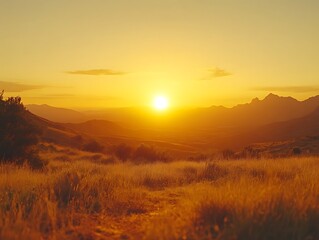 Golden sunset over vast, grassy plains and distant mountains.