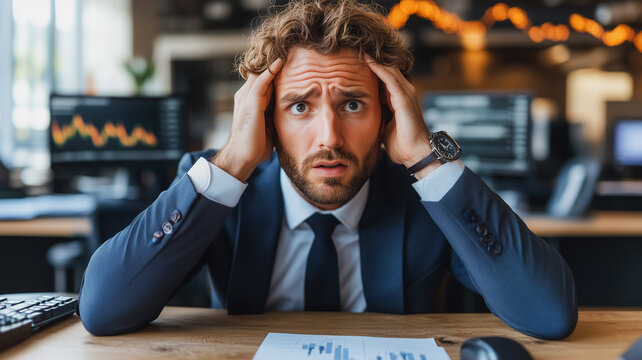 The Weight of Responsibility: A businessman sits at his desk, his hands gripping his head in a moment of intense stress and worry.