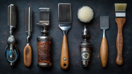 Vintage hair styling tools arranged on a dark background.