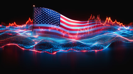 American Economic Fluctuations: Abstract image of the American flag waving over a dynamic data visualization, symbolizing the fluctuating nature of the US economy.