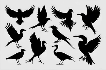 Obraz premium various bird silhouettes in different poses including flight and rest in black and white style 