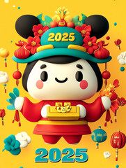 Cute cartoon character celebrating Lunar New Year 2025 with festive decorations, vibrant colors, and traditional elements, embodying joy and celebration