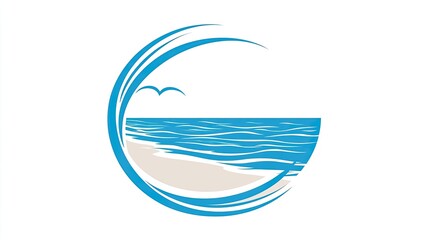 A stylized beach scene with waves, sand, and birds, representing relaxation and nature.