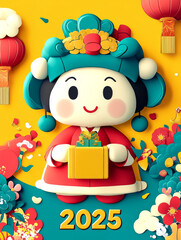 Fototapeta premium Cute cartoon character celebrating Lunar New Year 2025 with festive decorations, lanterns, and flowers, embodying joy and tradition