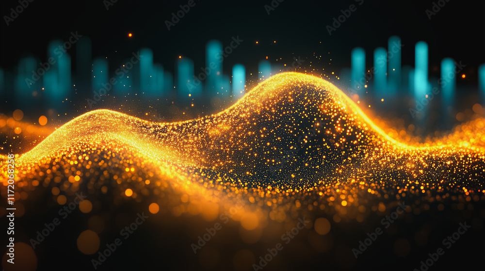 Poster Golden Data Wave: A mesmerizing abstract digital art piece, showcasing a wave of shimmering golden particles against a backdrop of vibrant blue data bars. Evoking a sense of movement and potential.