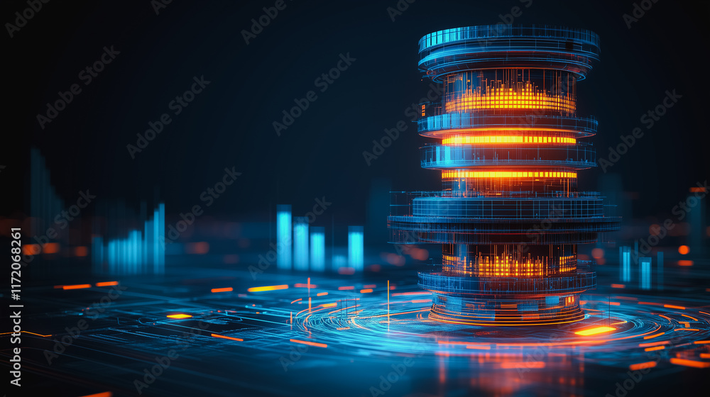 Poster cybernetic tower: futuristic digital city scape with glowing tower and data streams. abstract techno