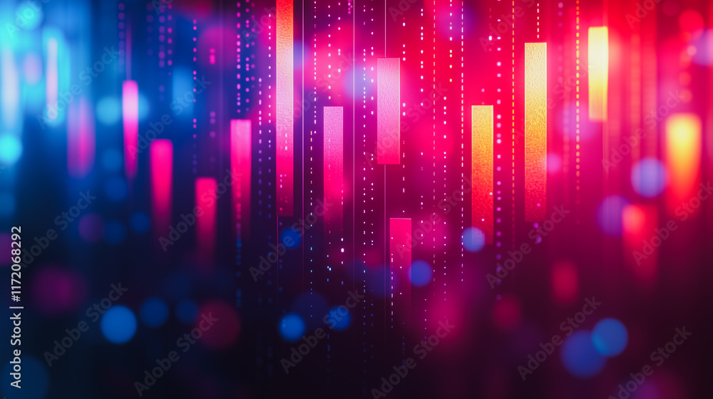 Poster abstract data stream: vivid, dynamic visualization of data flow, showcasing vibrant red and blue bar