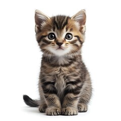 Fototapeta premium Cute tabby kitten sitting, white background, pet adoption. (1)