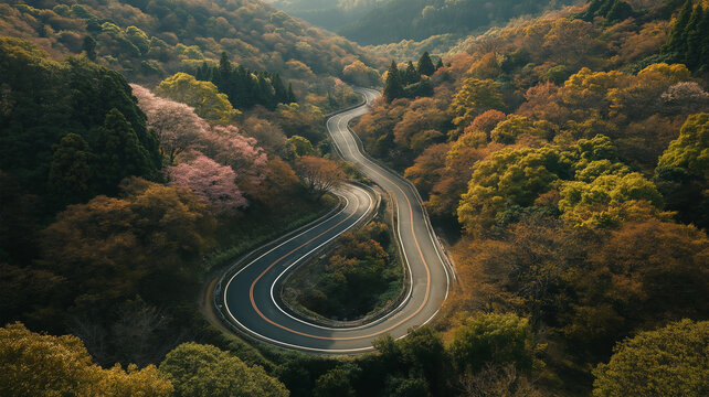 暖かな陽が沈む頃、桜咲くワインディングロードを俯瞰する。日本の美しい四季と春の夕暮れ。
