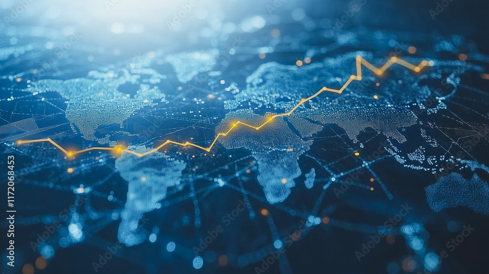 Poster global network growth: a stylized map of the world with glowing lines connecting continents, depicti