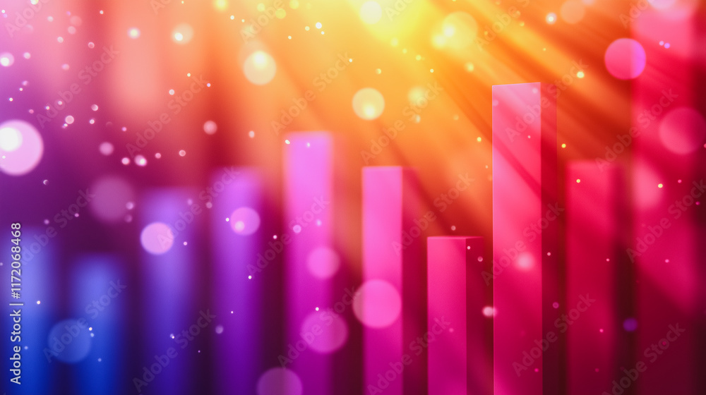 Poster abstract growth: vibrant bar chart with dynamic light beams and bokeh effect, symbolizing rising tre