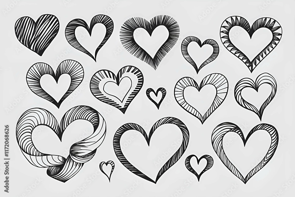 Poster hand-drawn black and white heart pattern in a repeating design on a plain background