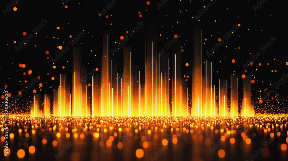 Poster golden data stream: abstract visualization of vibrant, fiery data streams surging upwards, creating 