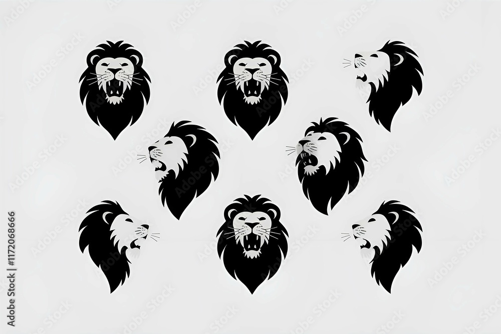 Poster fierce lion head pattern in black design on a repeating layout with white background