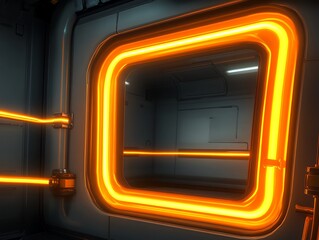 Futuristic Spaceship Corridor Glowing Orange Neon Lights
