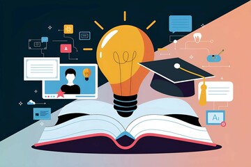 educational and innovative illustration showing light bulb with books and academic items