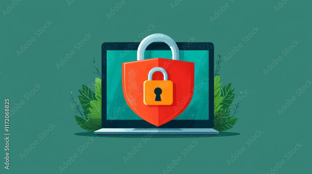Poster laptop screen displaying a red shield with a padlock, symbolizing online security and data protectio