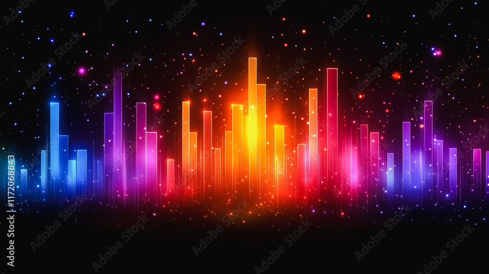 Poster rainbow spectrum equalizer: vibrant, colorful audio equalizer bars pulsate with energy against a dar