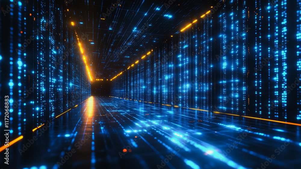 Poster digital matrix: a mesmerizing, abstract tunnel composed of glowing blue and orange digital data stre