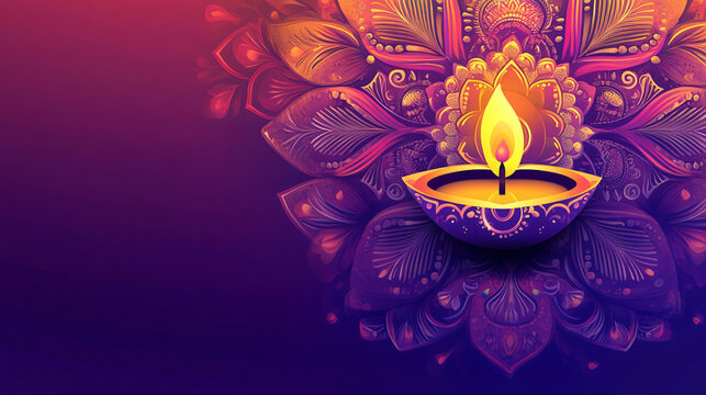 Happy Diwali festival with oil lamp, Rangoli decoration with Diya, Diwali holiday Background with rangoli , Generative ai