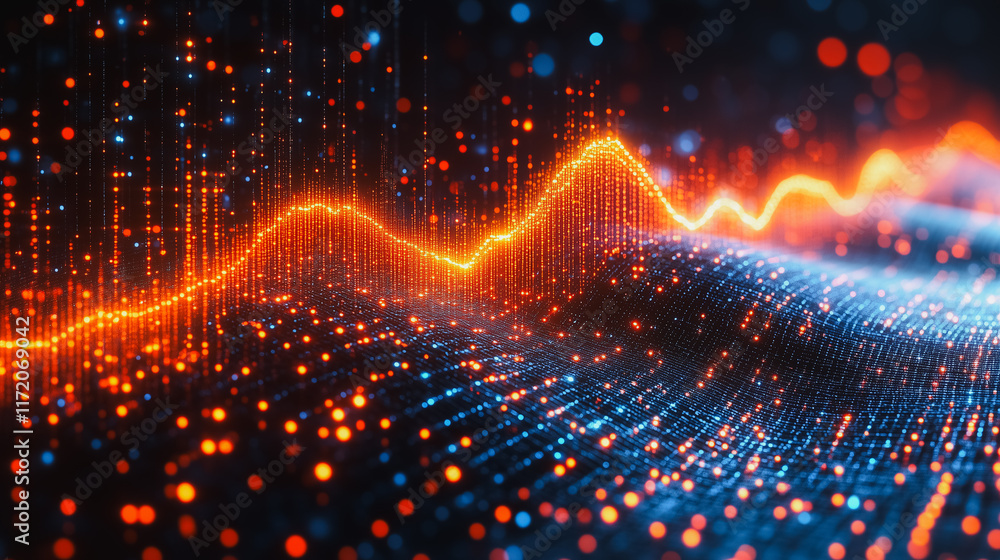 Poster abstract data wave: dynamic visualization of a vibrant data wave, showcasing glowing orange and blue