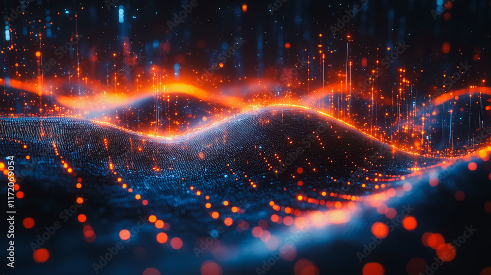 Poster digital abstract: intriguing abstract digital art with glowing orange and blue particles, creating a