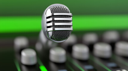 Studio Microphone on Mixing Console with Green Backlighting