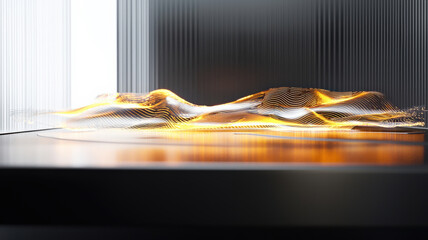 A futuristic alluvial diagram with glowing, flowing paths in radiant colors, displayed against a polished metallic surface, creating a sleek, high-tech data visualization with a modern