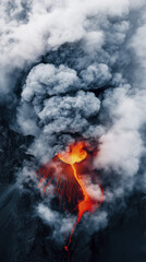 Erupting volcano with lava flow and thick smoke billowing into sky, showcasing nature raw power and beauty. dramatic scene captures intensity of volcanic activity