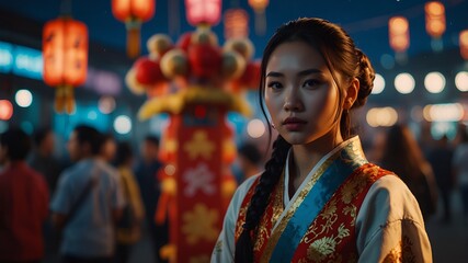 Obraz premium A magical scene of a night market during Chinese New Year