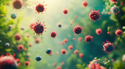Fototapeta premium 3D rendering of various red and blue coronavirus particles floating in vibrant environment, showcasing intricate details and sense of depth