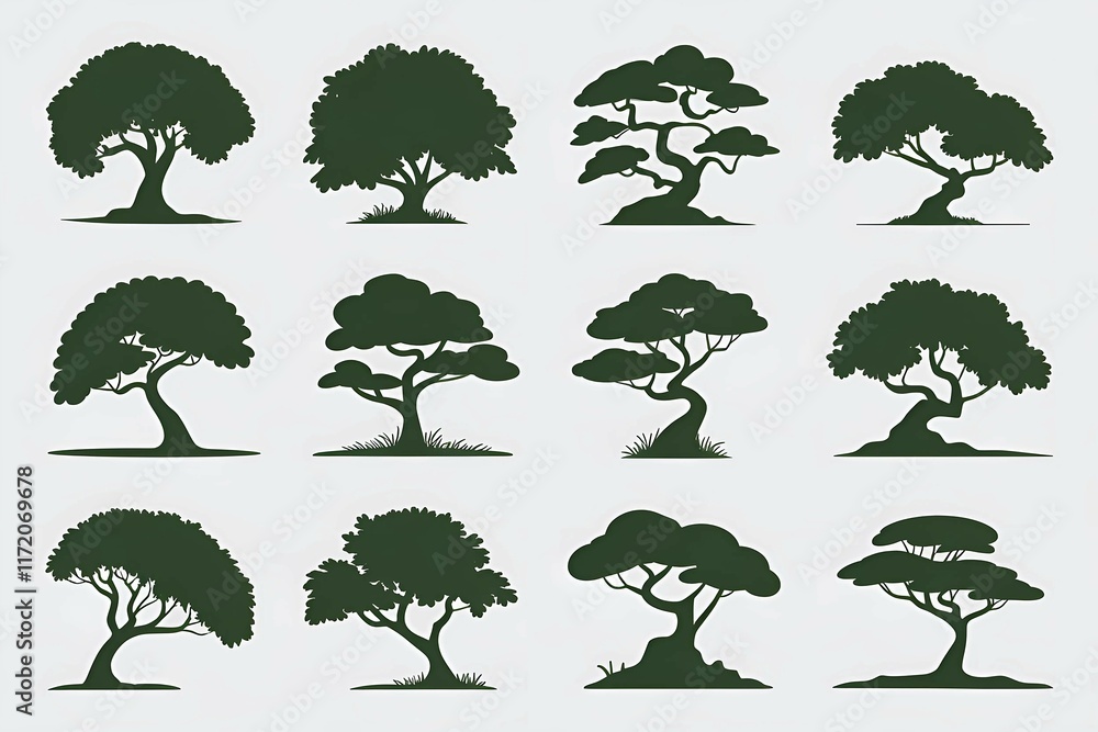Poster seamless tree pattern with green tree illustrations on a light background