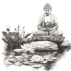 Serene Buddha Statue Meditating Amongst Water Lilies in a Tranquil Pond.