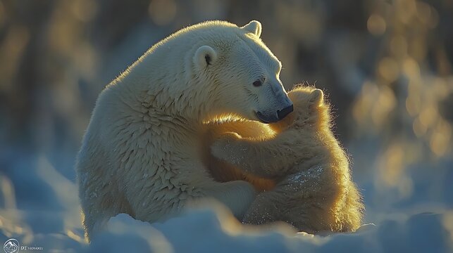 A polar bear mother tenderly nuzzles her fluffy cub in the Arctic's golden light.