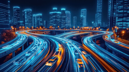 Naklejka premium At night, the trajectories of cars on the roads in the city