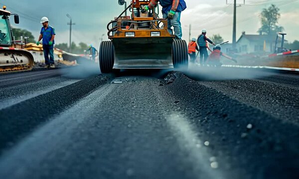 A construction scene featuring a road roller compacting asphalt on a highway, with workers in the background, showcasing the process of road construction.