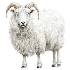 Fototapeta premium A Detailed Illustration of a Majestic White Ram with Large, Curving Horns Against a White Background.
