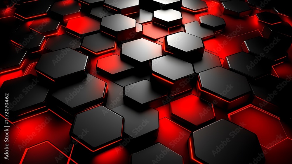 Poster abstract 3d rendering of black and red hexagons.