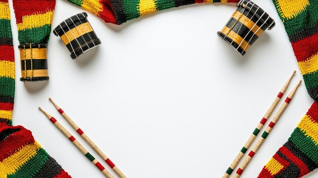 Colorful scarves and drums arranged artistically for a cultural celebration.