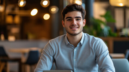 Fototapeta premium young man in business shirt smiles confidently in modern workspace, showcasing professional atmosphere. His approachable demeanor adds warmth to setting