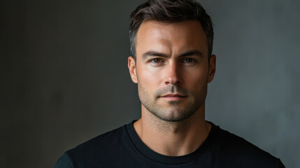 Obraz premium 30 year old man with straight face, staring confidently at camera, wearing black t shirt against neutral background